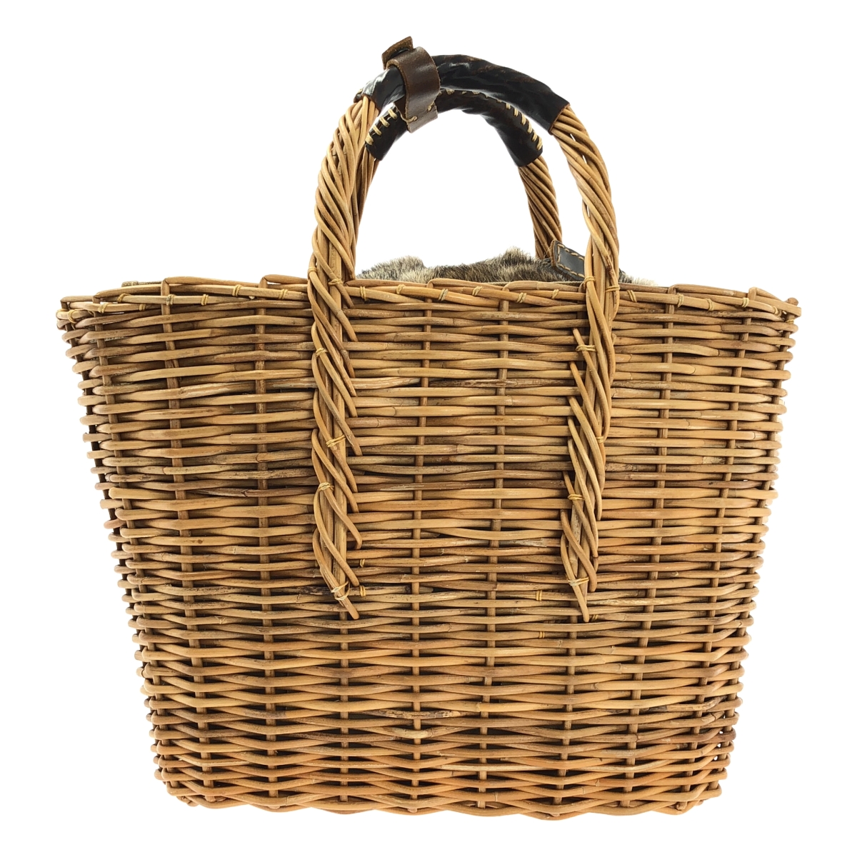 ebagos / エバゴス ラビットファー被せ 紅籐 レザーハンドル かごバッグ