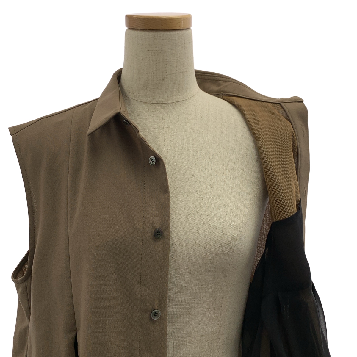 sacai / サカイ Chiffon Mix Suiting Shirt  / レースドッキング ロゴボタン ボリューム ノースリーブ ブラウス シャツ