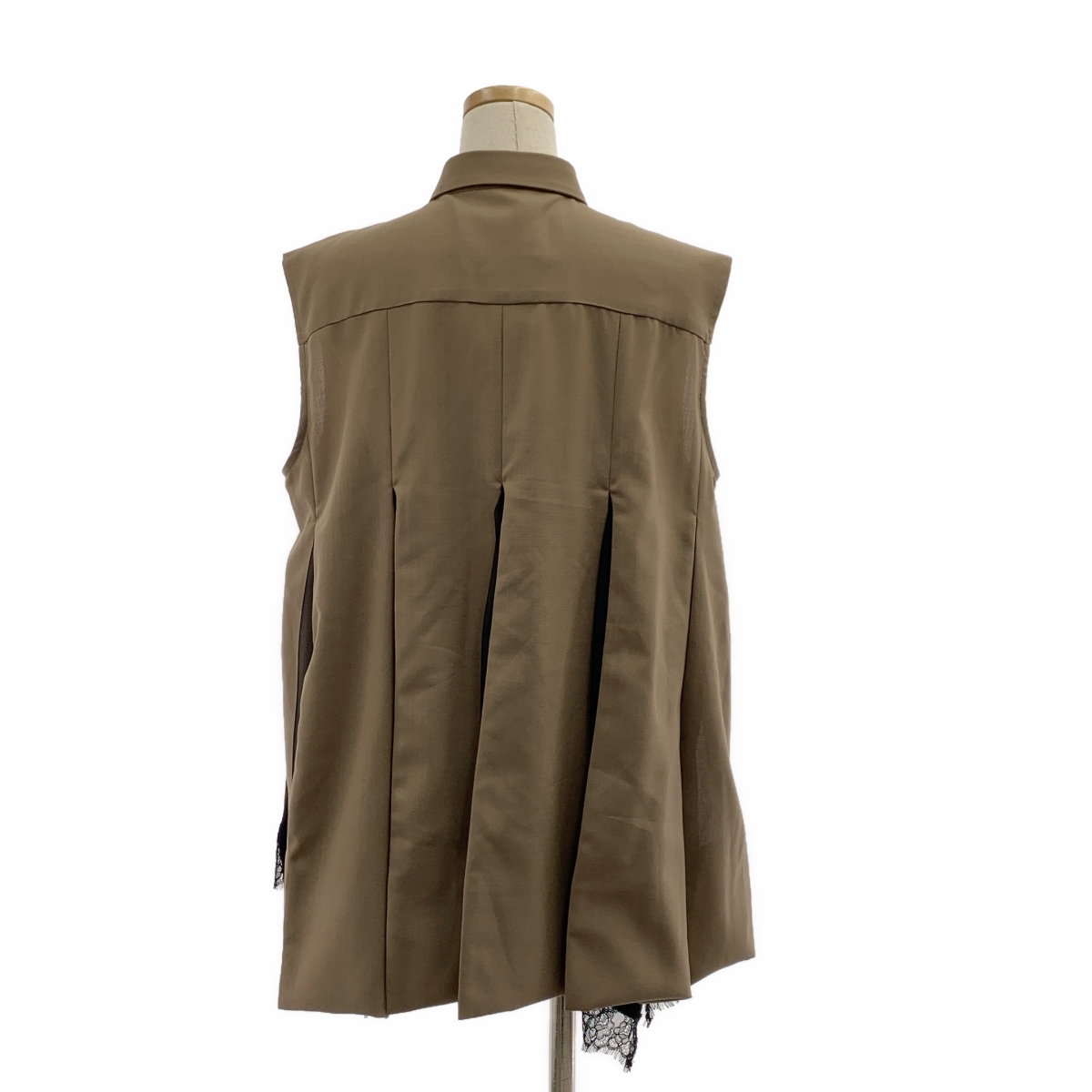 sacai / サカイ Chiffon Mix Suiting Shirt  / レースドッキング ロゴボタン ボリューム ノースリーブ ブラウス シャツ