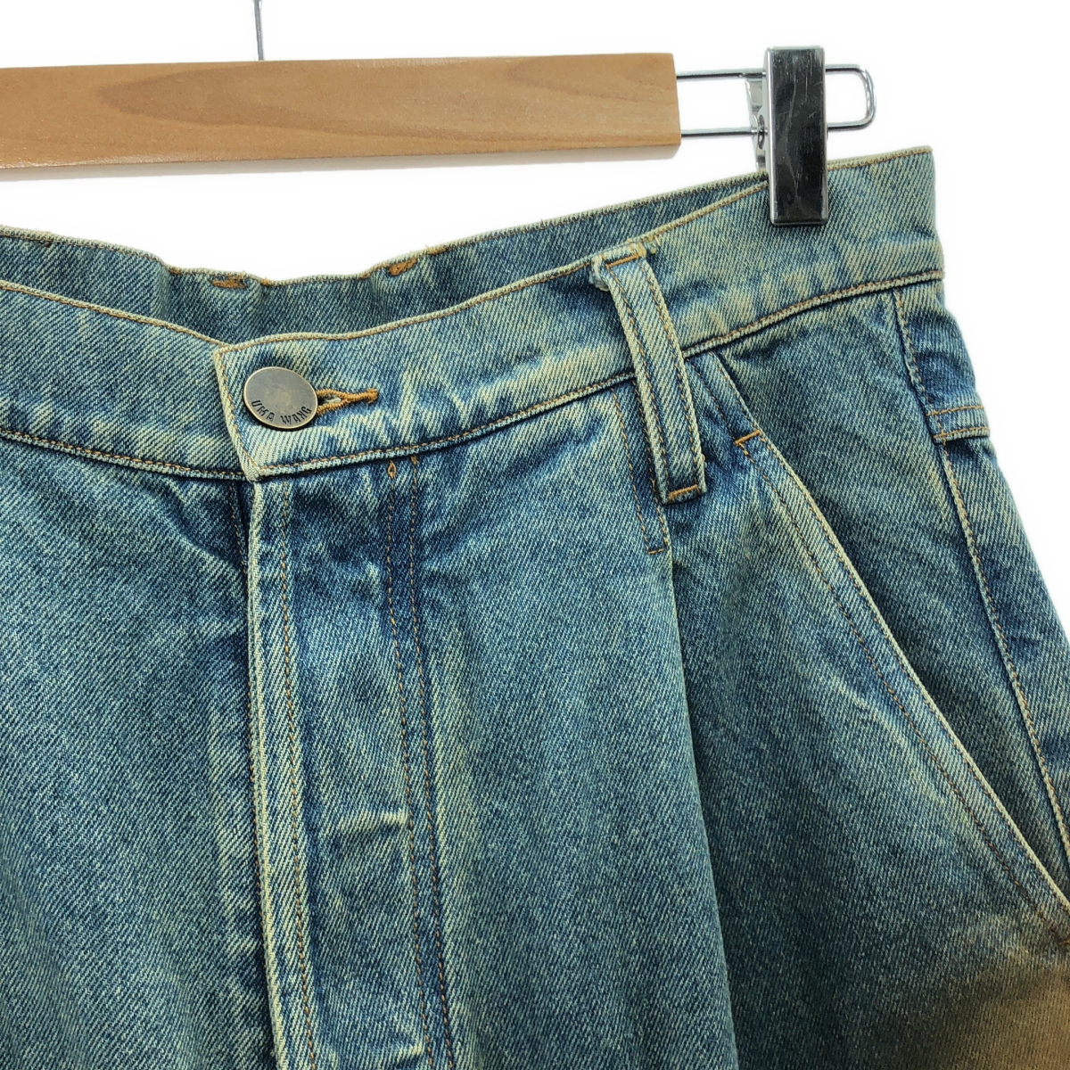 UMA WANG / ユマワン New Pants / レザーパッチ タック デニム ワイドパンツ