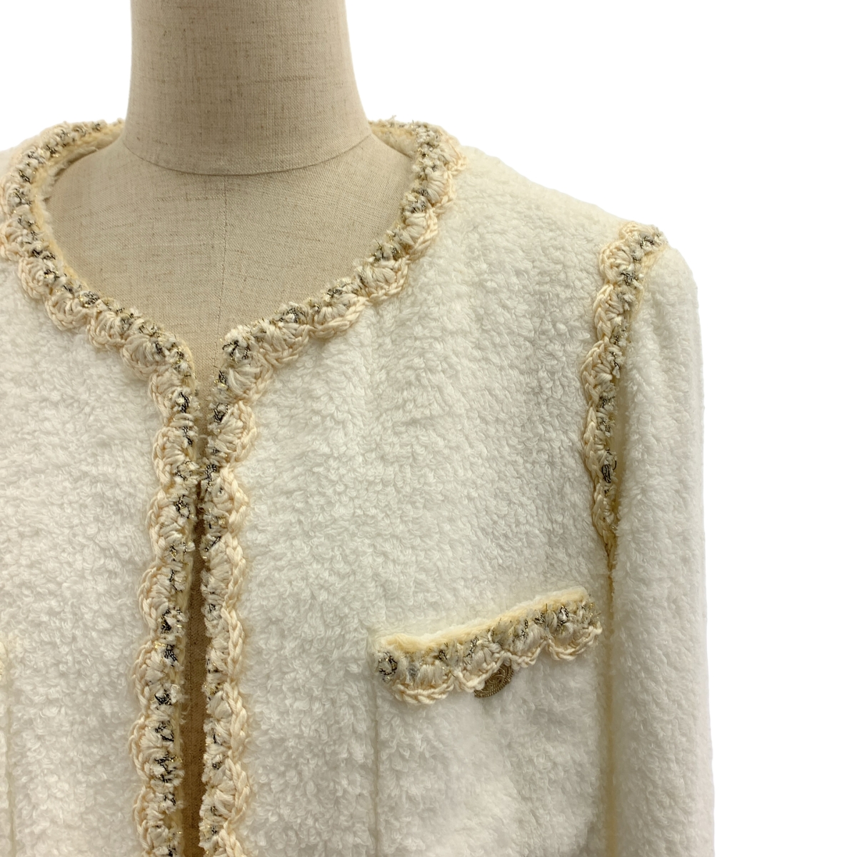 CHANEL / シャネル コットン ツイード ココマークボタン ノーカラー ジャケット