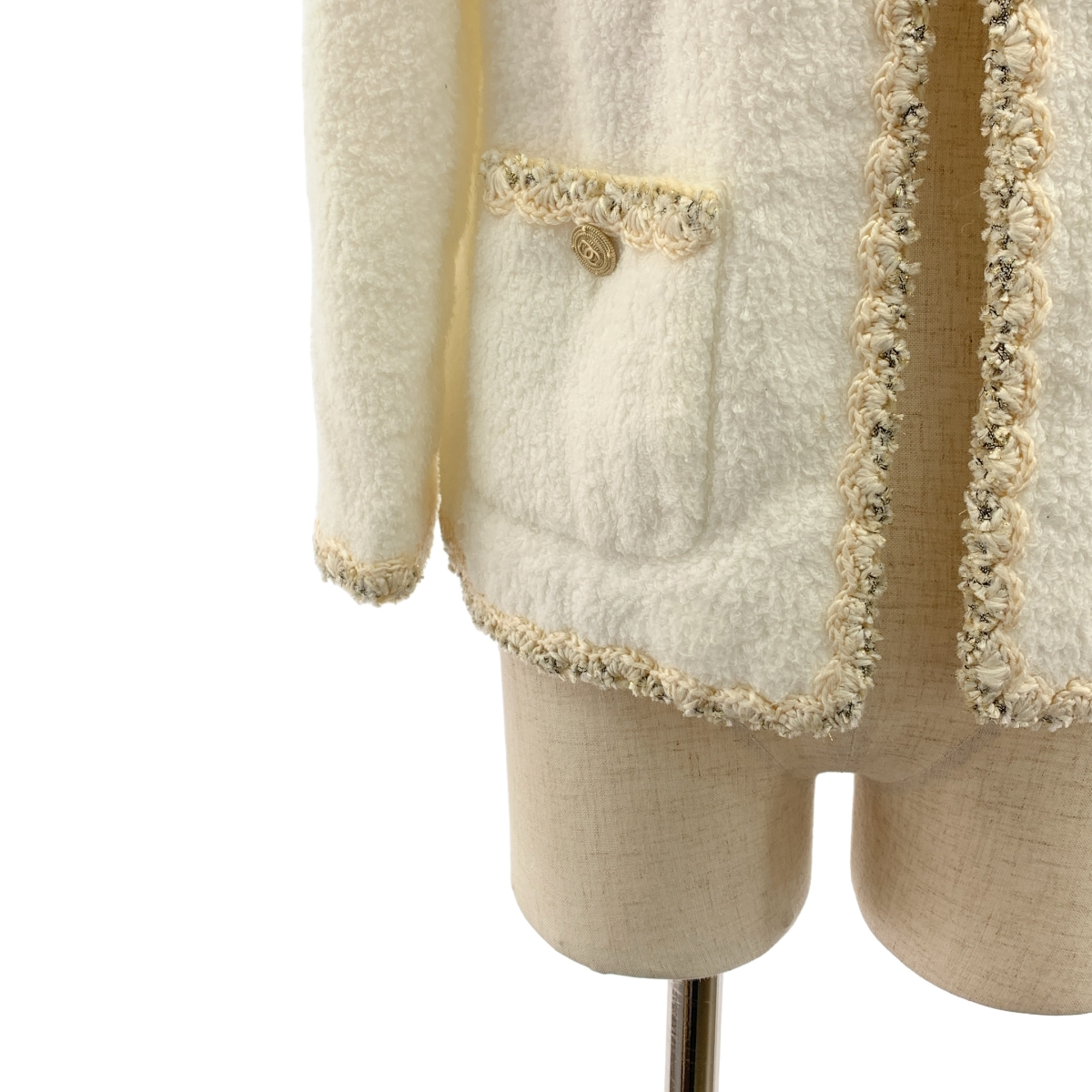 CHANEL / シャネル コットン ツイード ココマークボタン ノーカラー ジャケット