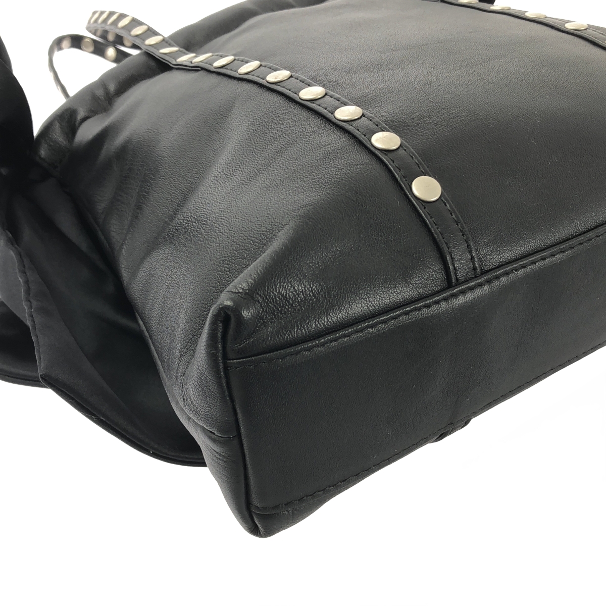 JUNYA WATANABE COMME des GARCONS / ジュンヤワタナベ レザー スタッズ装飾 リボン ドローストリング 巾着 ハンド トートバッグ