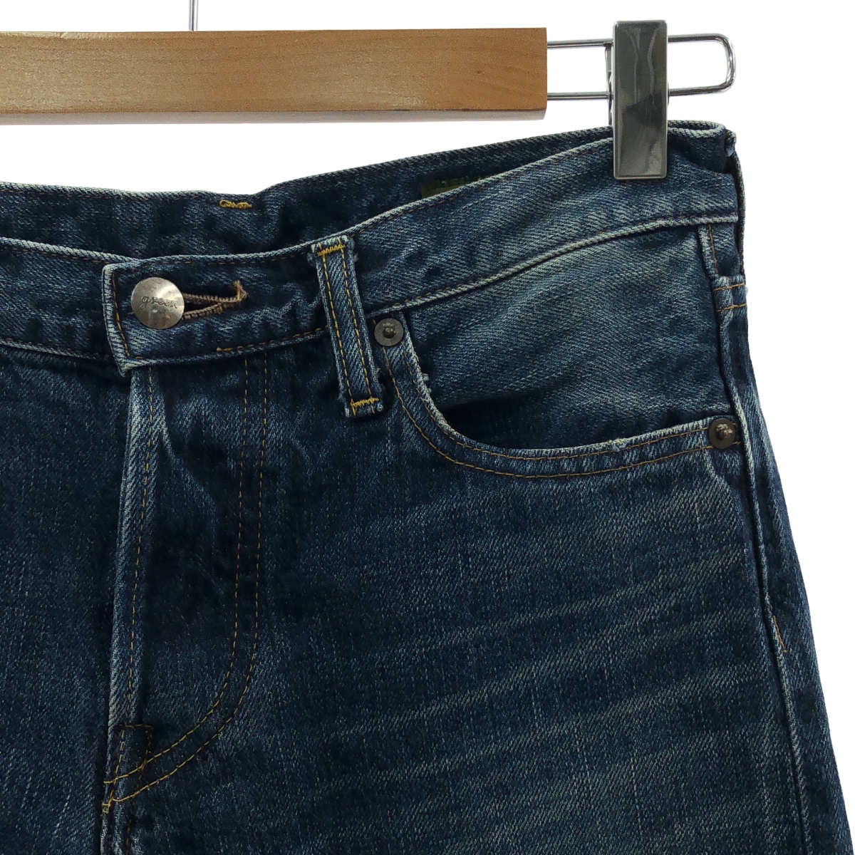 green / グリーン ダメージ加工 セルビッチ 濃紺デニムパンツ