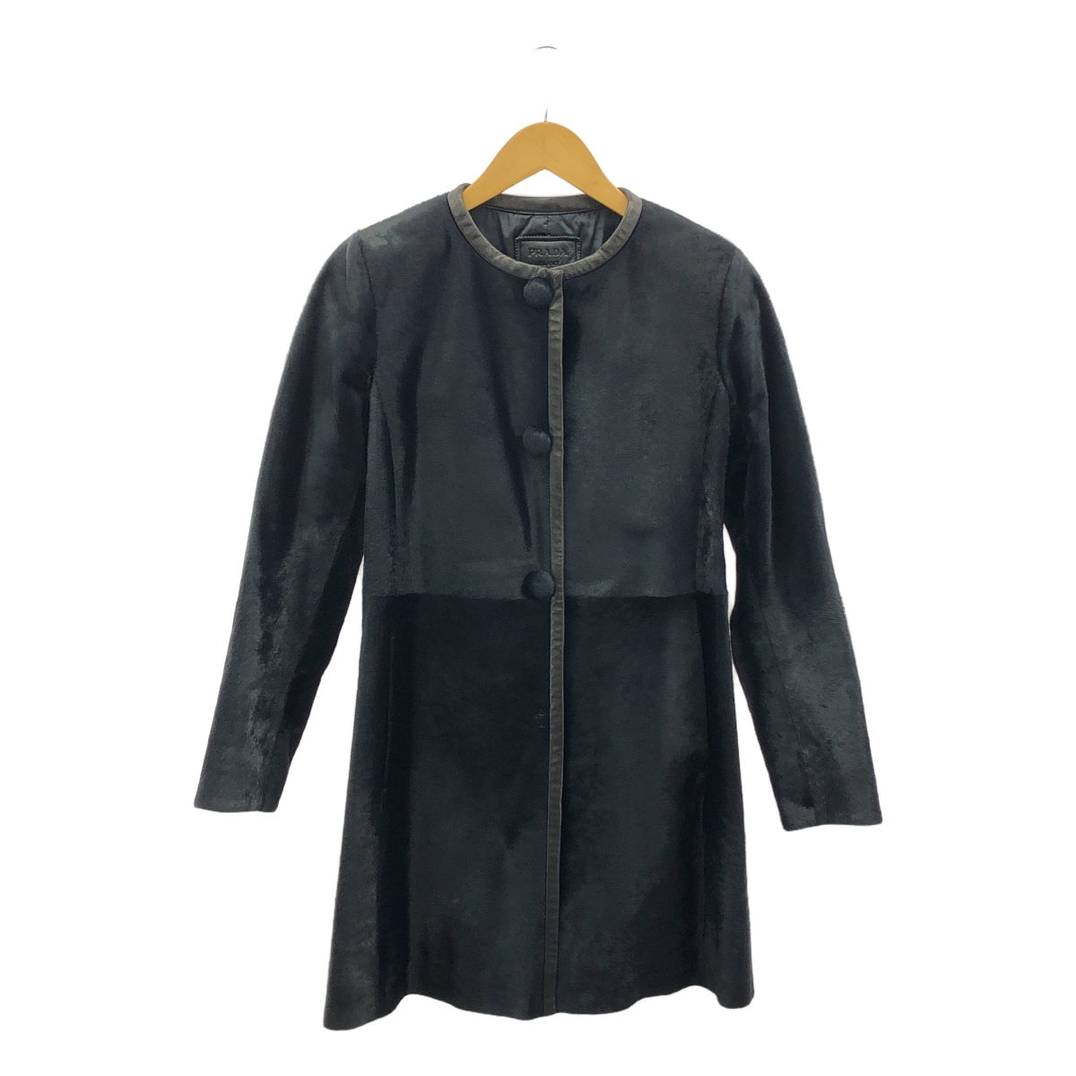 PRADA / プラダ レザー切替 ファー ノーカラー ロングコート / 総裏地