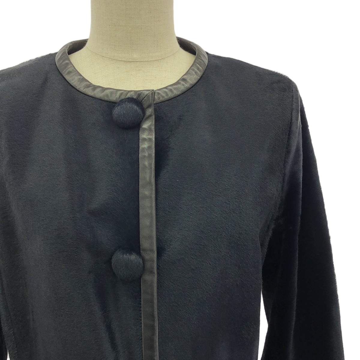 PRADA / プラダ レザー切替 ファー ノーカラー ロングコート / 総裏地