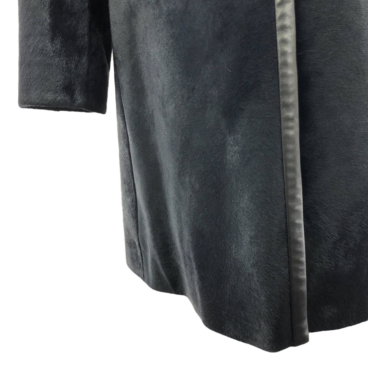 PRADA / プラダ レザー切替 ファー ノーカラー ロングコート / 総裏地