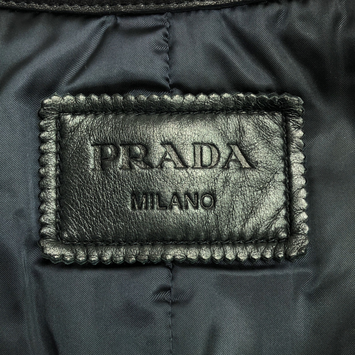 PRADA / プラダ レザー切替 ファー ノーカラー ロングコート / 総裏地