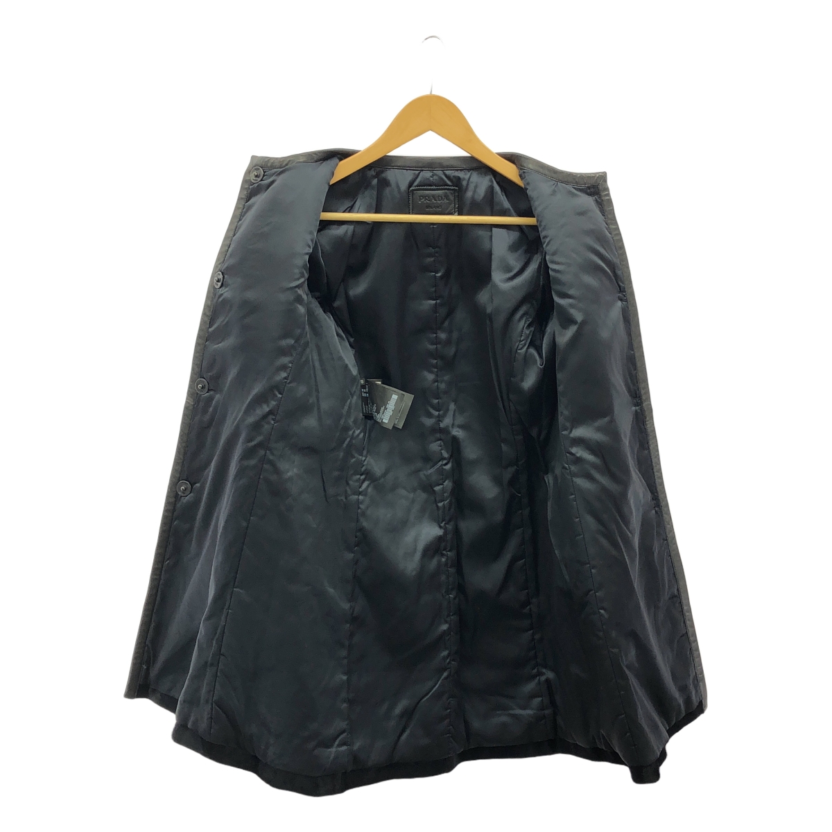 PRADA / プラダ レザー切替 ファー ノーカラー ロングコート / 総裏地