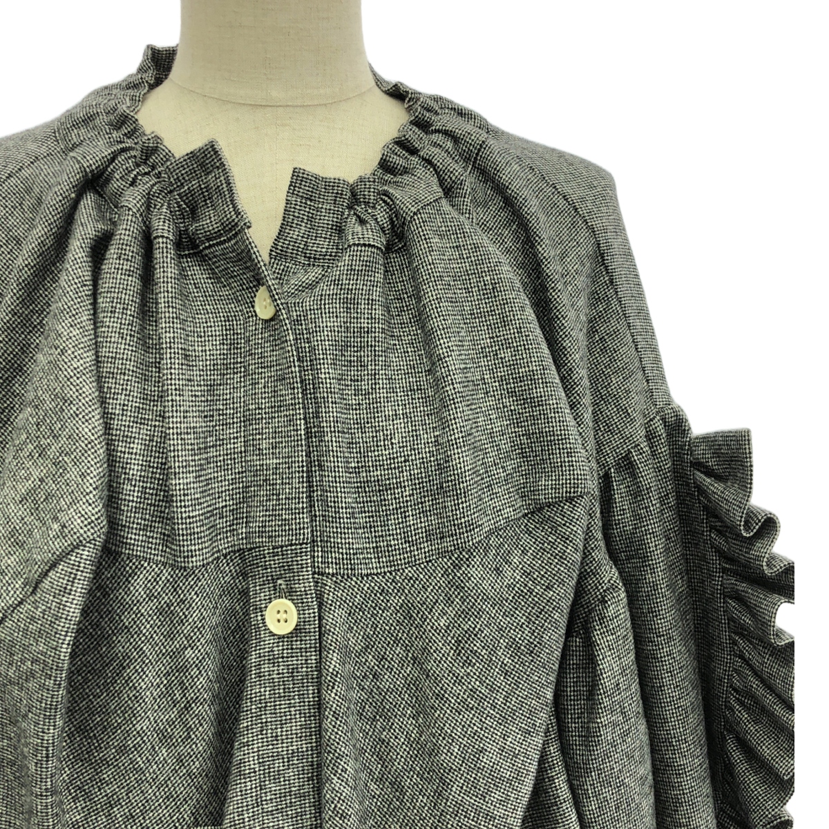 その他 ウール混 チェック 袖フリル ボリューム ワンピース