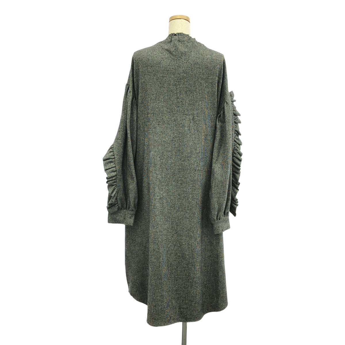 その他 ウール混 チェック 袖フリル ボリューム ワンピース