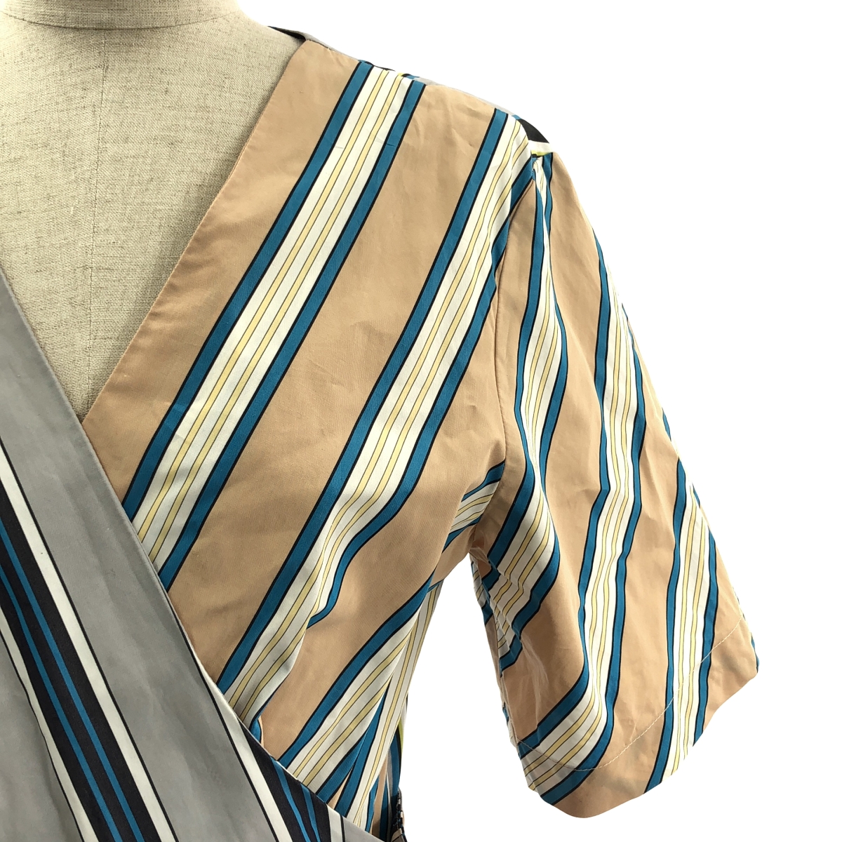 DIANE VON FURSTENBERG / ダイアンフォンファステンバーグ コットン ストライプ バイカラー カシュクール ワンピース