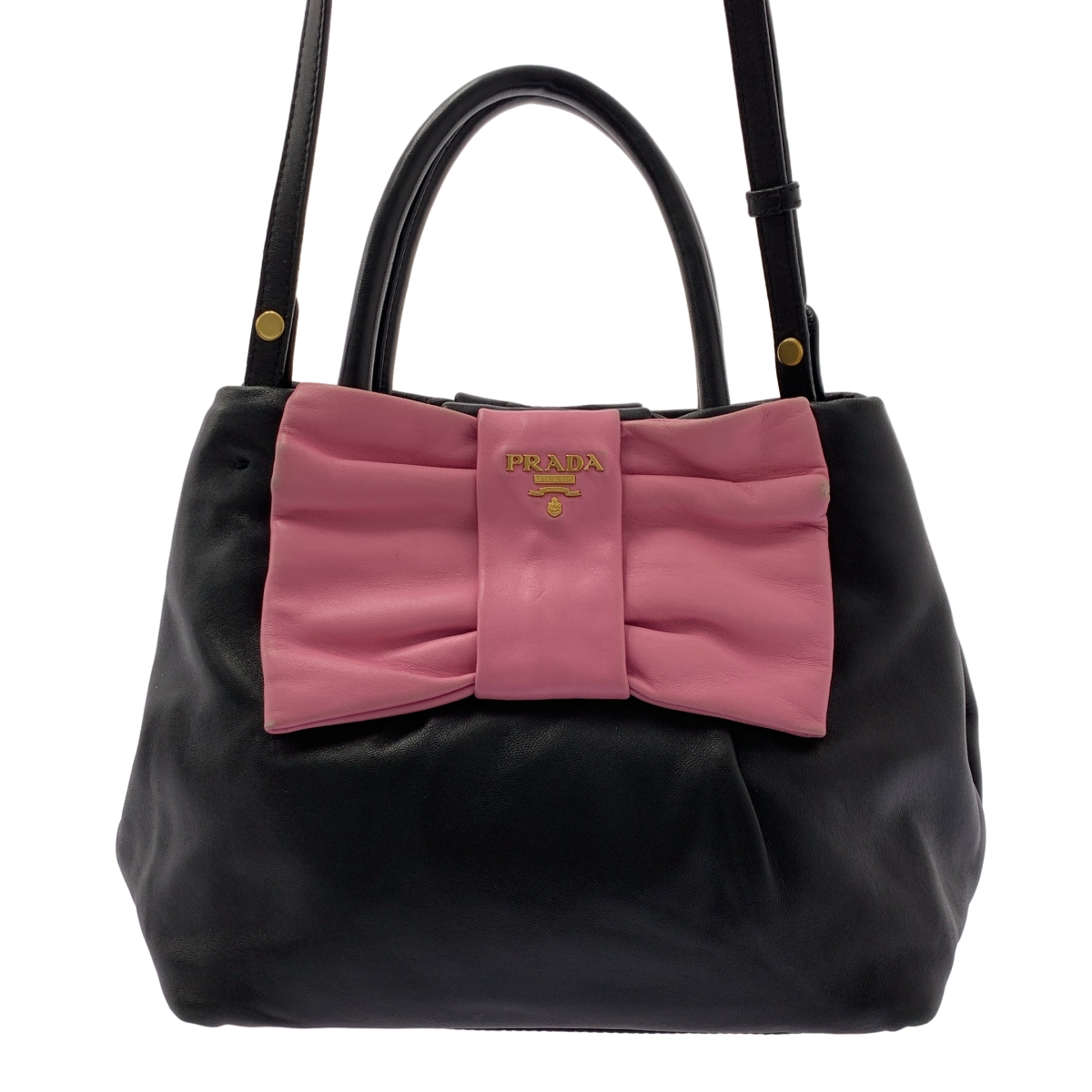 PRADA / プラダ 2way ショルダー付き レザー バイカラー リボン ハンドバッグ