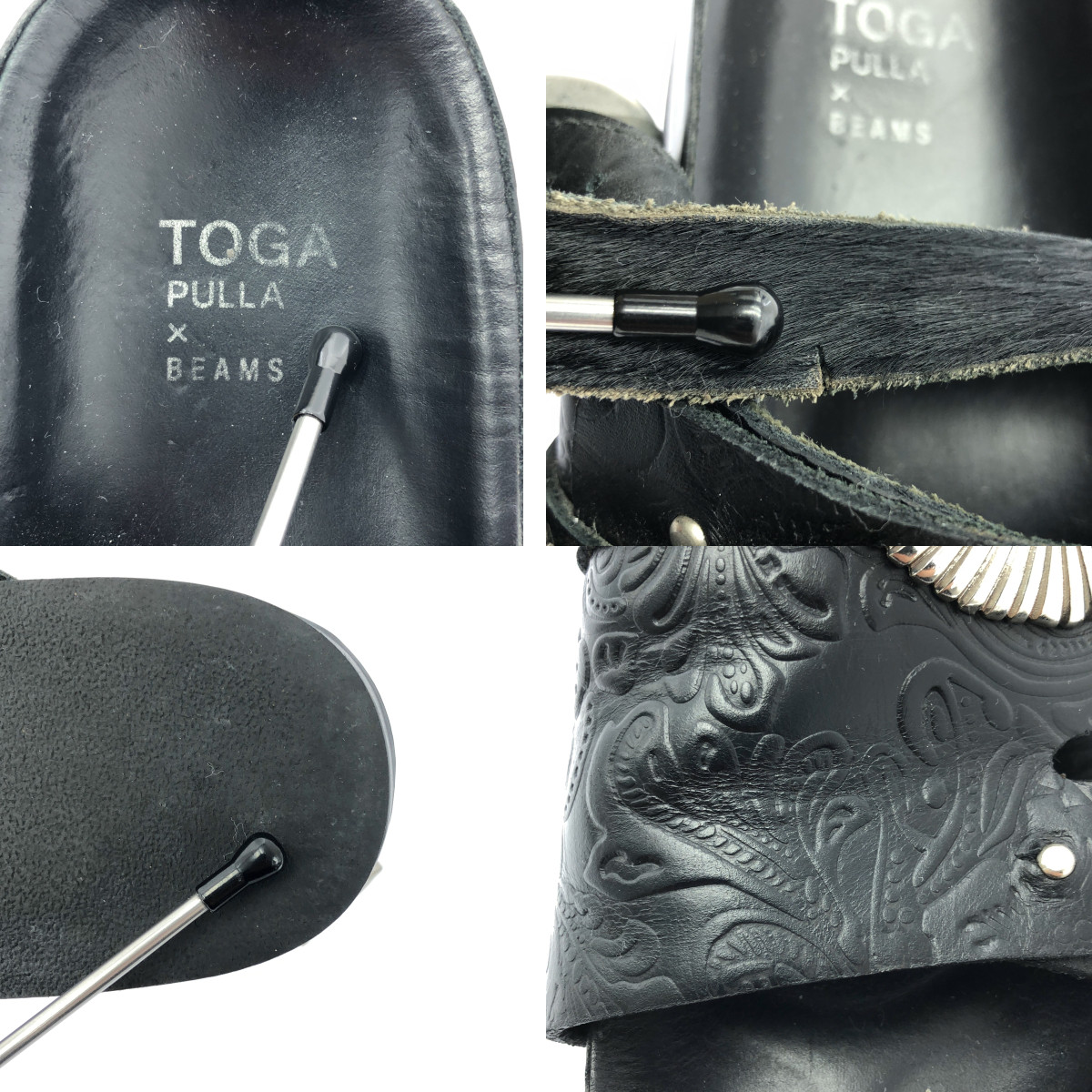 TOGA PULLA / トーガプルラ × beams / ビームス ハラコ切替 レザー エンボス メタル コンチョ ストラップ サンダル