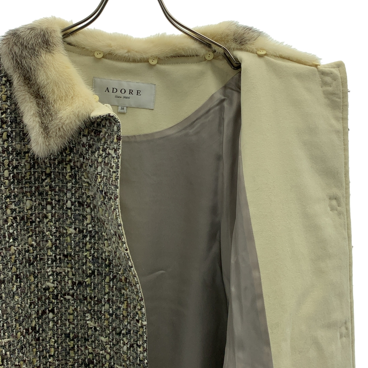 ADORE / アドーア ミンクファー デタッチャブルカラー ツイード ステンカラーコート