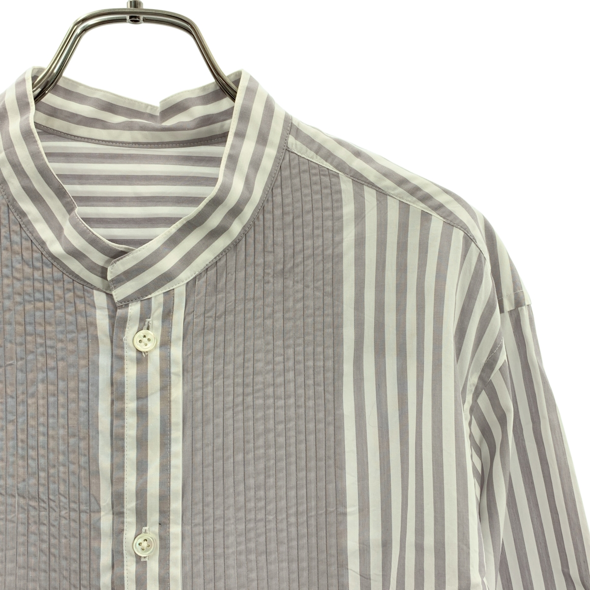 KUON / クオン Reversible Pleated Shirt ストライプ リバーシブル プリーツ バンドカラーシャツ