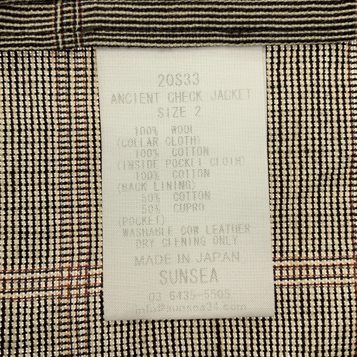 SUNSEA / サンシー ウール チェック テーラードジャケット