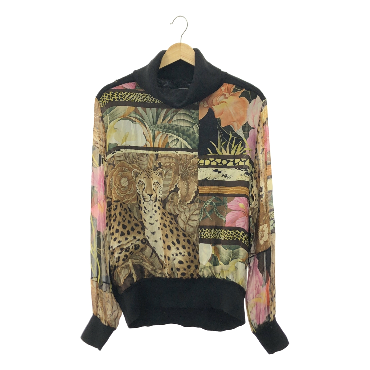 Salvatore Ferragamo / サルヴァトーレフェラガモ シルク ウール 異素材 切替  総柄 アニマル タートルネック ニット セーター