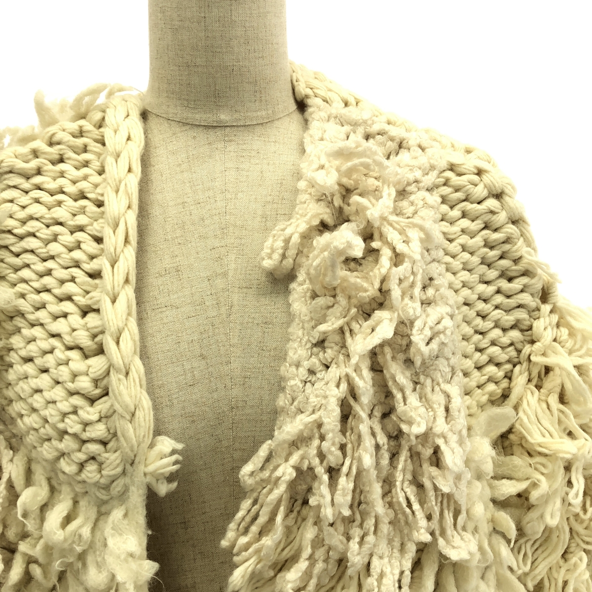 LEINWANDE / ラインヴァンド ウール フリンジ パッチワーク ハンドニット カーディガン