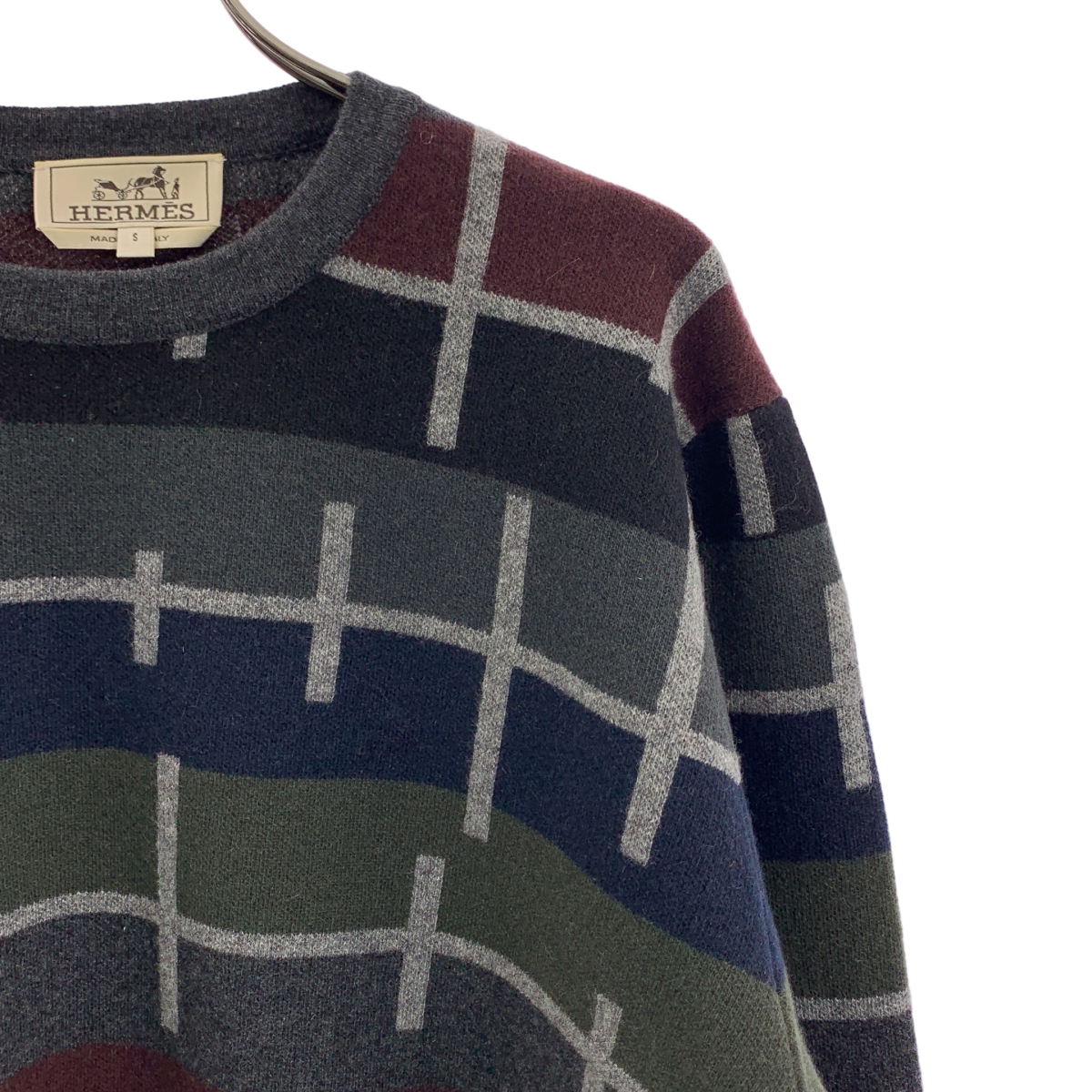 HERMES / エルメス カシミヤ100% ラインパターン クルーネック ニット