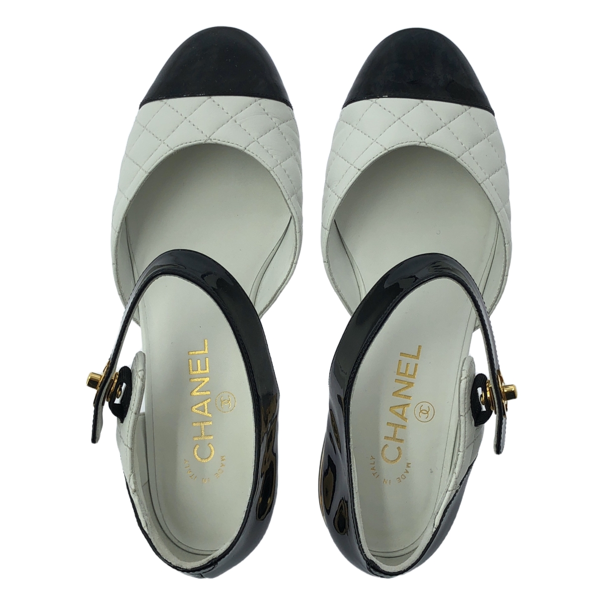 CHANEL / シャネル レザー マトラッセ バイカラー ストラップ フラット シューズ