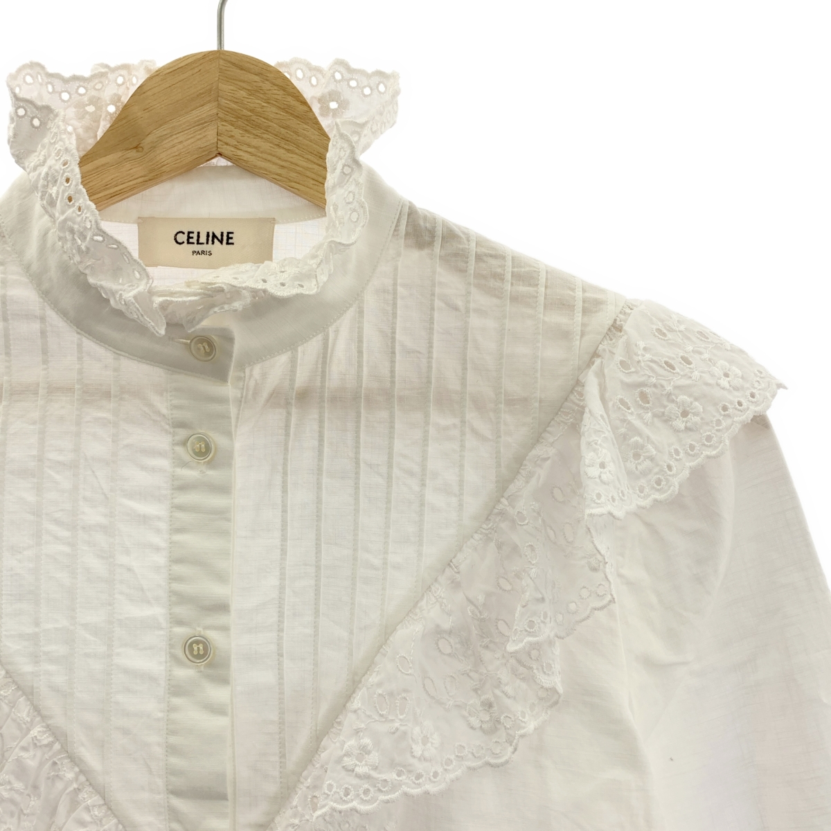 CELINE / セリーヌ レース刺しゅう ピンタック フリル ブラウス