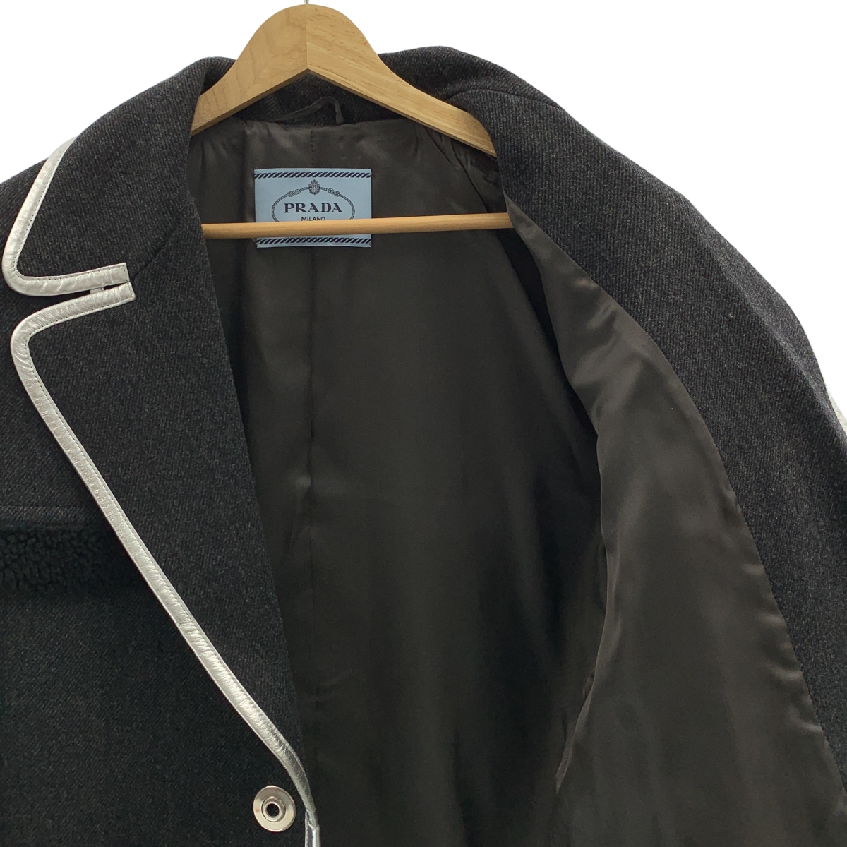 PRADA / プラダ ウール パイピング レザー切替 ボア テーラードジャケット