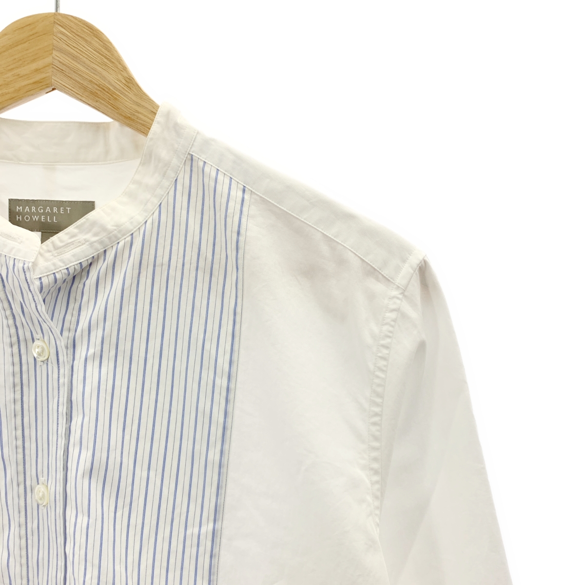 MARGARET HOWELL / マーガレットハウエル コットン ストライプ切替 バンドカラーシャツ