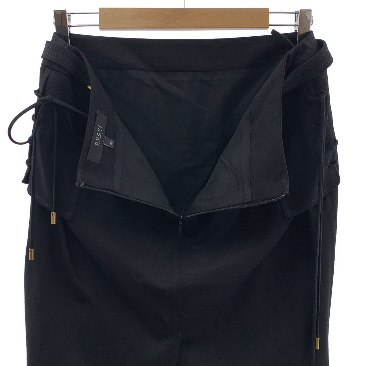 GUCCI / グッチ ウール ロゴボタン レースアップ バックジップ スリット スカート / 総裏地