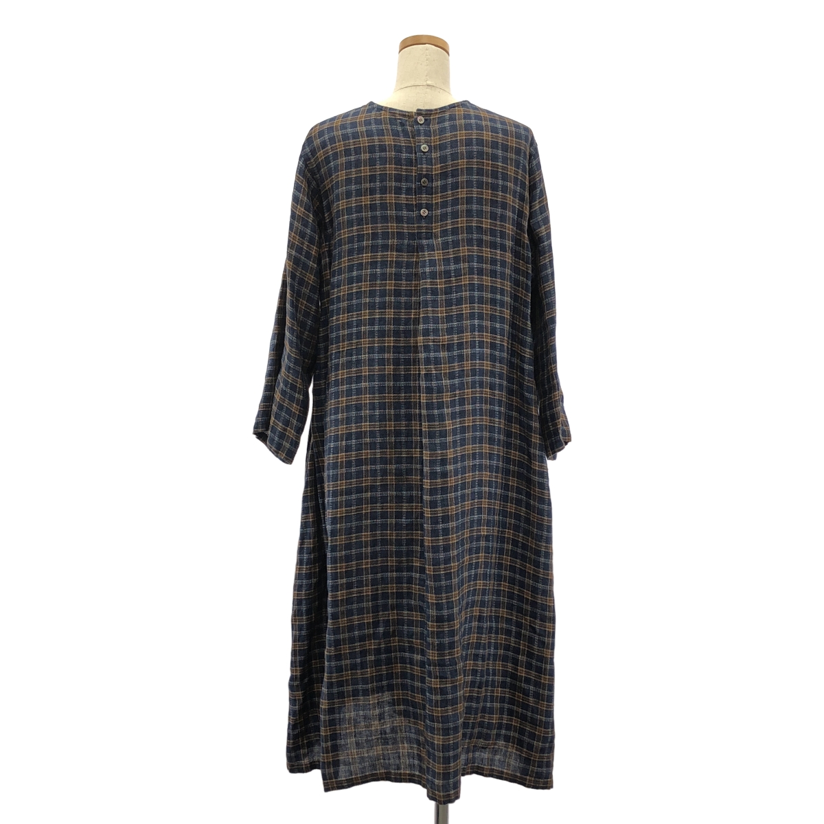 Vlas Blomme / ヴラスブラム リネン チェック バックボタン ワンピース
