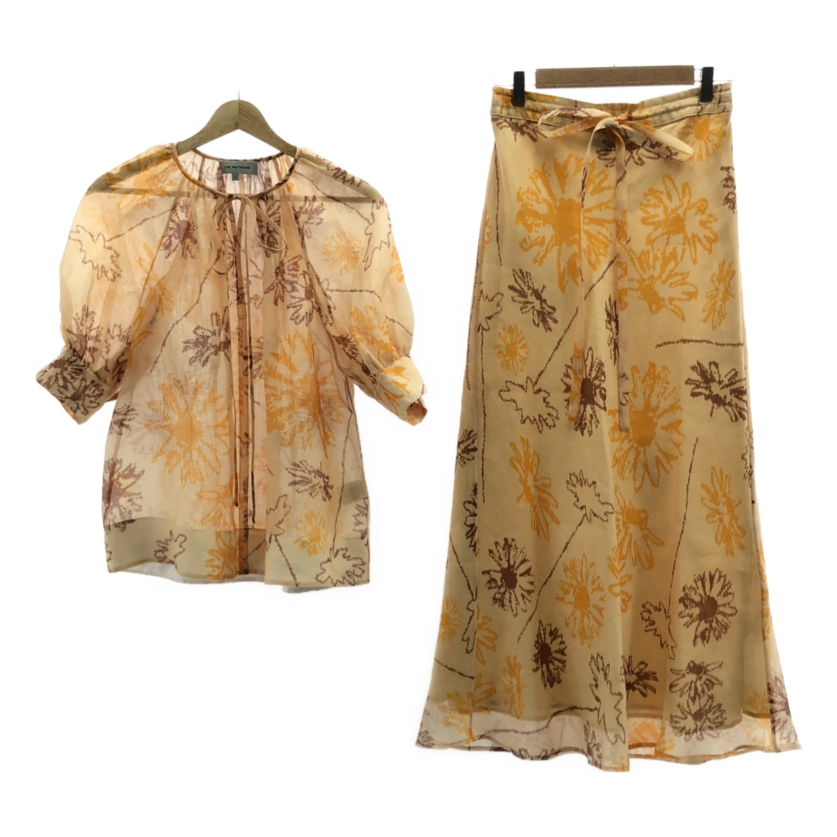 Lee Mathews / リーマシュー セットアップ Lola 総柄 シルクウール フラワープリント ギャザー ブラウス / ドローストリング スカート / 裏地付き