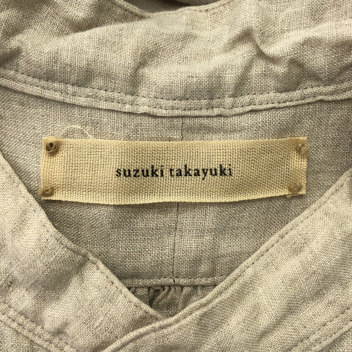 suzuki takayuki / スズキタカユキ リネン ギャザー ポケット付き バンドカラー シャツ ワンピース