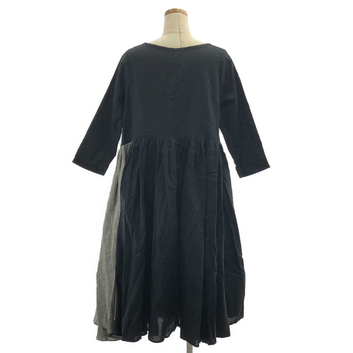 Gauze# / ガーゼ コットン リネン バイカラー ギャザー ボリューム ドレス ワンピース