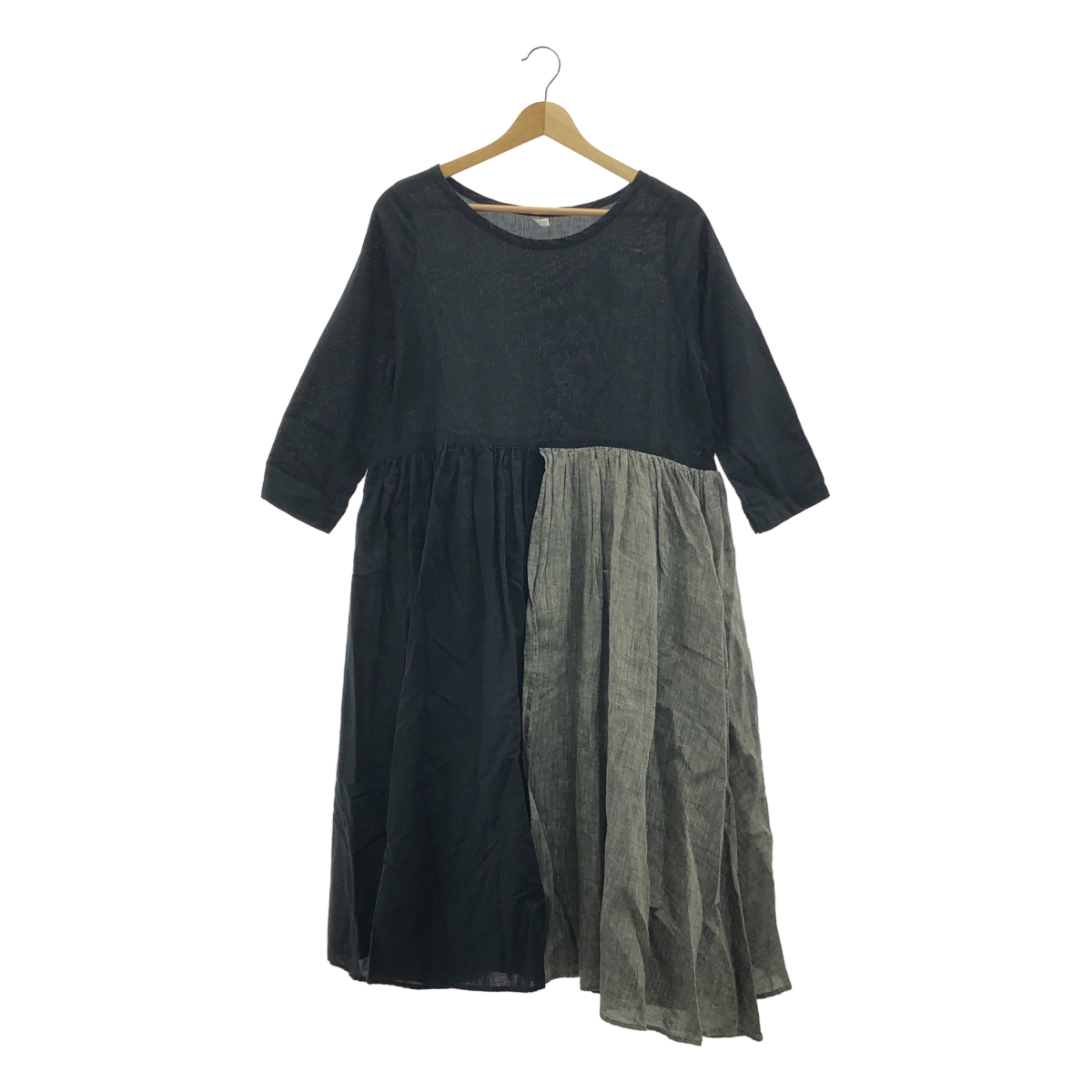 Gauze# / ガーゼ コットン リネン バイカラー ギャザー ボリューム ドレス ワンピース