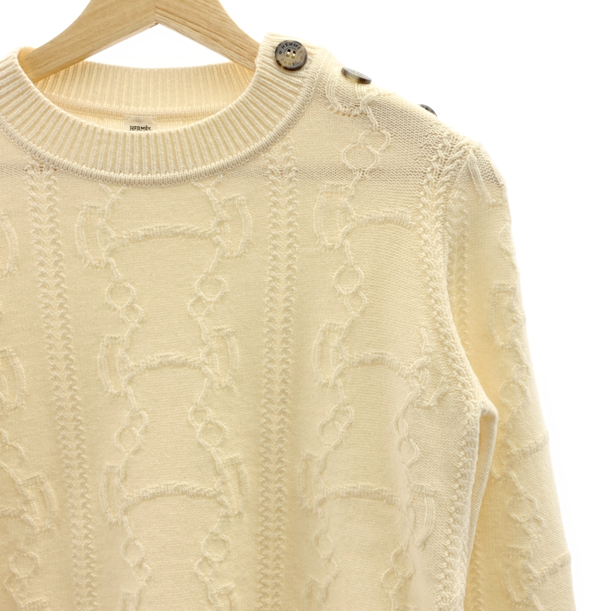 HERMES / エルメス ウール カシミヤ 肩ボタン シェーヌダンクル柄 ニット