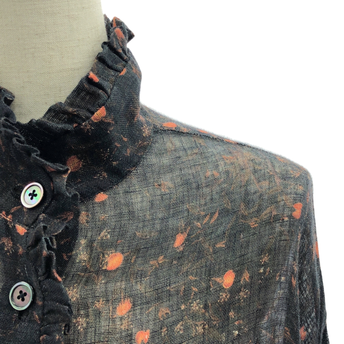 GEOFFREY B.SMALL / ジェフリーBスモール linen blouse / リネン 総柄 フリル ハイネック オーバー シャツ ブラウス