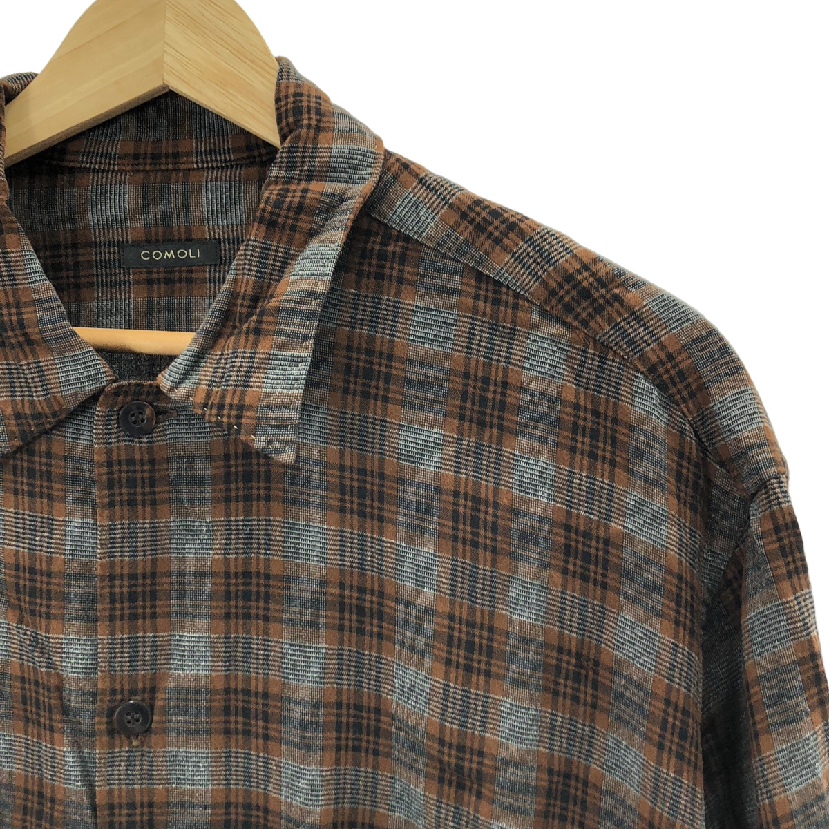 COMOLI / コモリ チェック レーヨン オープンカラーシャツ