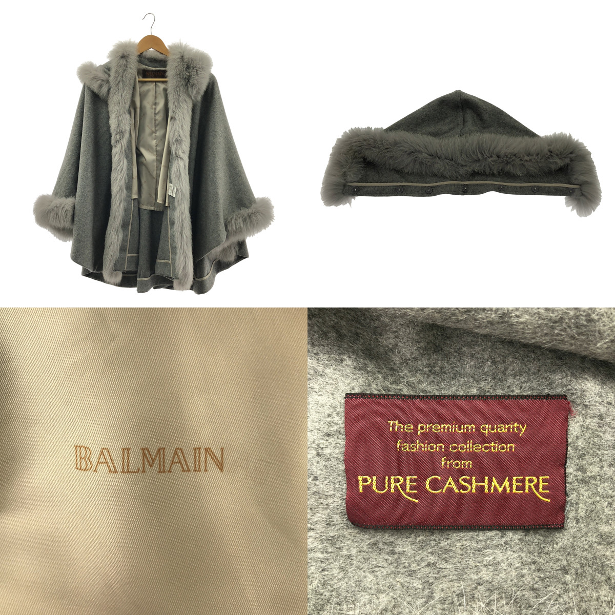 BALMAIN / バルマン cashmere 100％ / カシミヤ フォックスファー ポンチョ ジャケット / 着脱可フード / ロゴ裏地付き