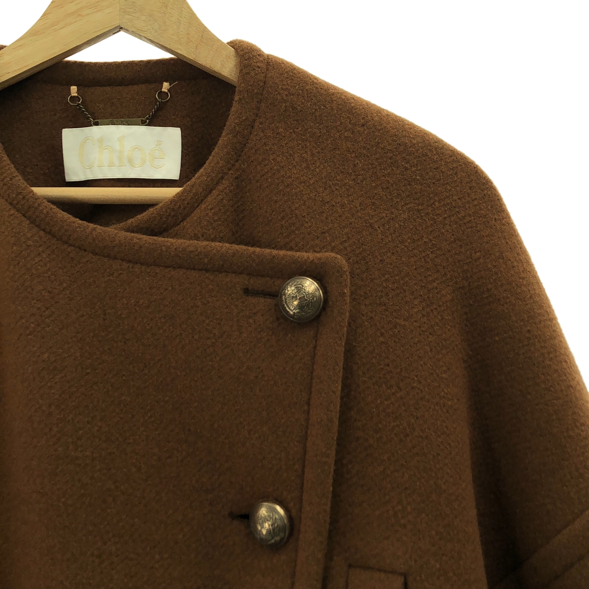 Chloe / クロエ ウール ロゴボタン ノーカラー ダブル ロングコート
