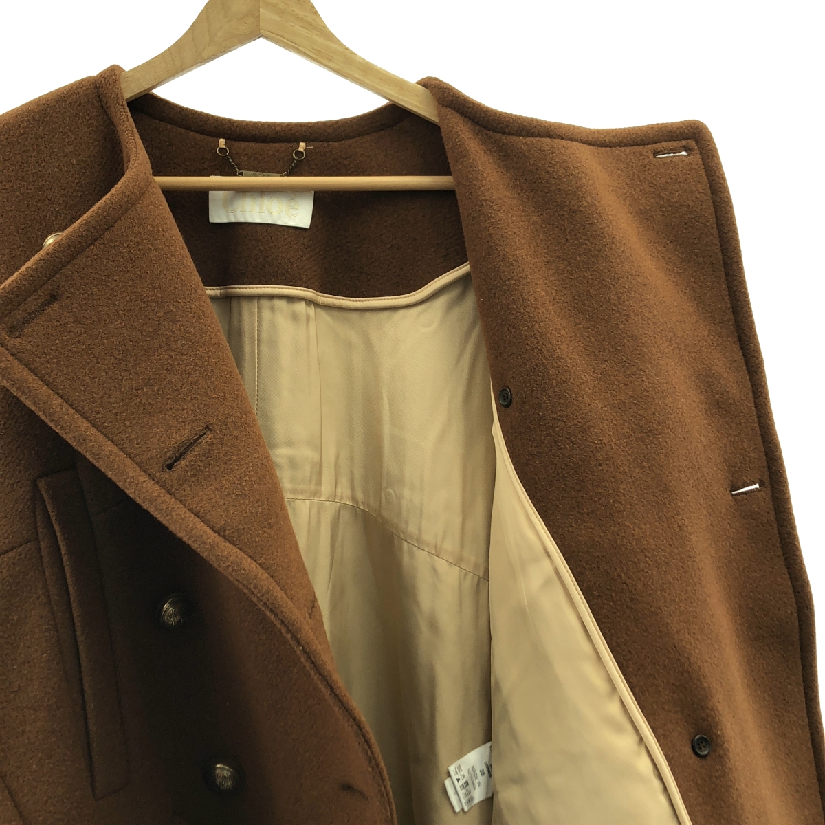 Chloe / クロエ ウール ロゴボタン ノーカラー ダブル ロングコート