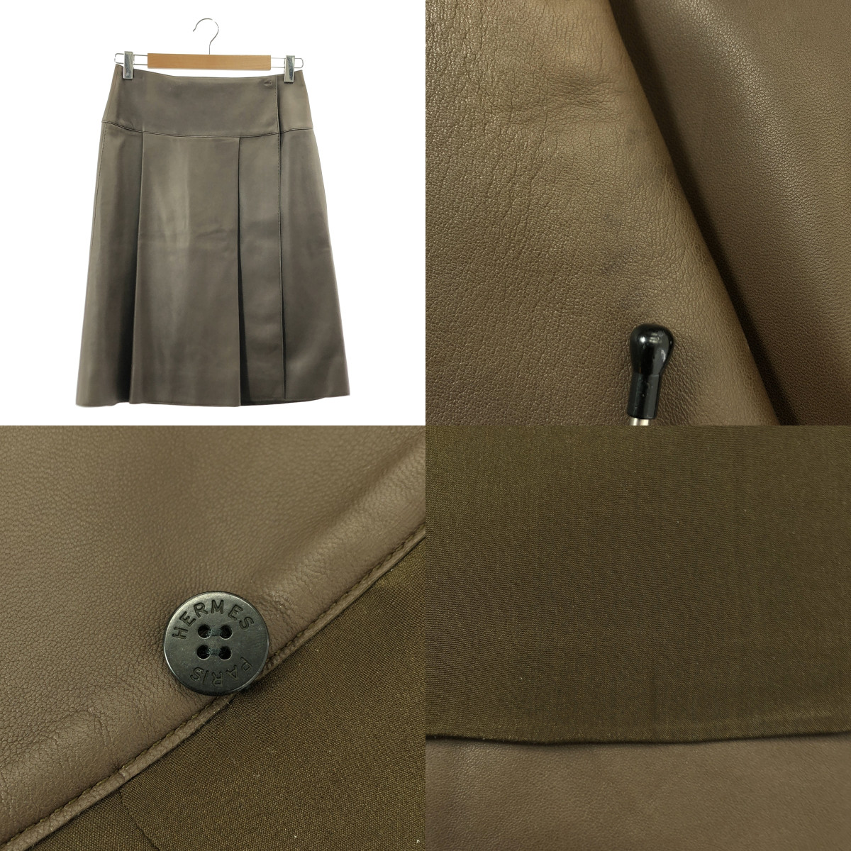 HERMES / エルメス ゴルチエ期 羊革 ラムレザー ロゴボタン フック式 ラップ スカート / 総裏地