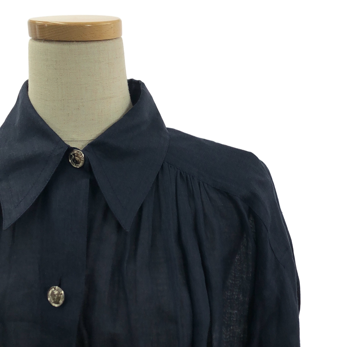 CHANEL / シャネル ココマークボタン リネン ギャザーオーバーサイズ シャツ