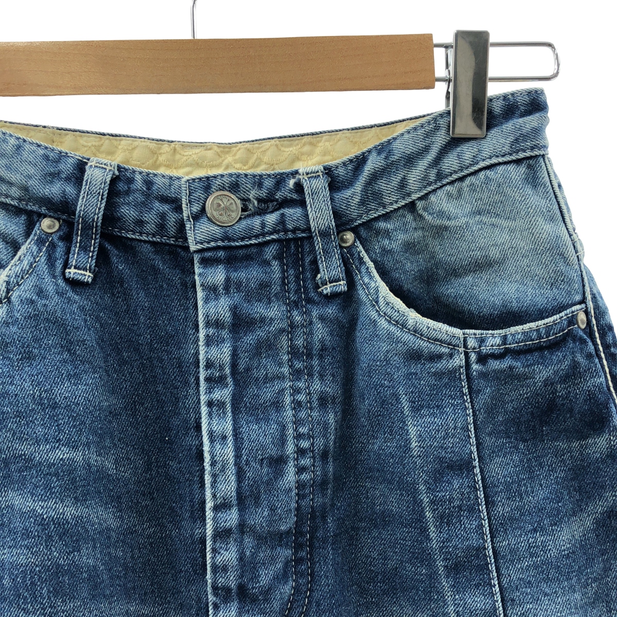 mina perhonen / ミナペルホネン always / オールウェイズ ダメージ加工 レザーパッチ ワイド デニムパンツ