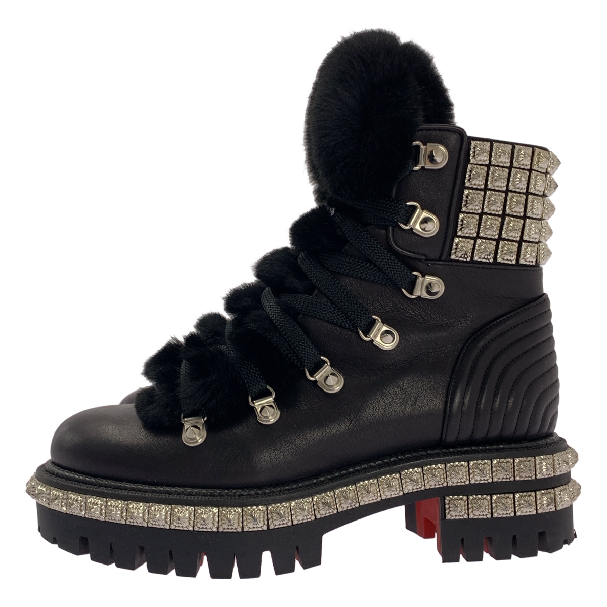 Christian Louboutin / クリスチャンルブタン YETI DONNA FLAT ファー スパイク スタッズ レースアップブーツ