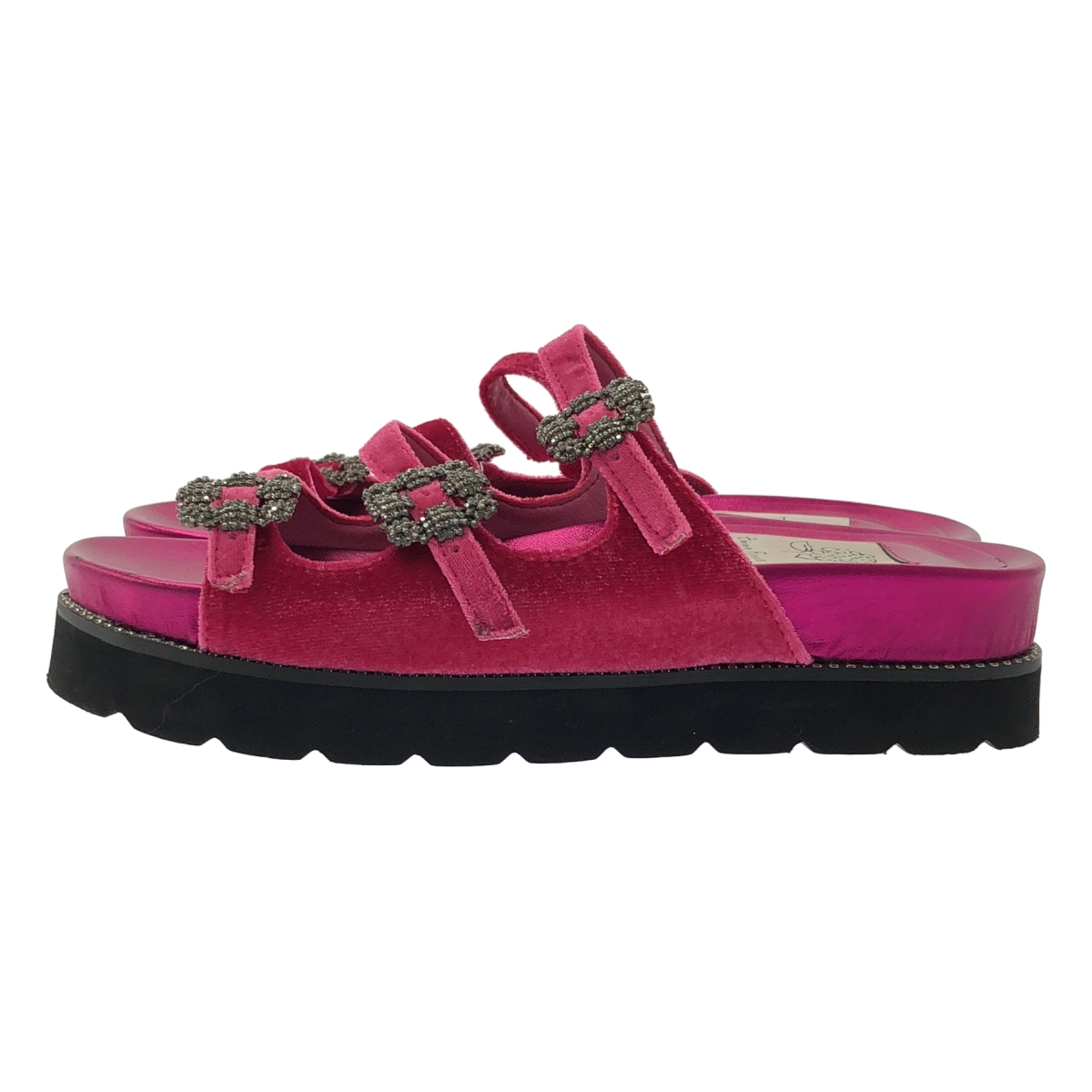 その他 ビジューバックル トリプルベルト フラットサンダル