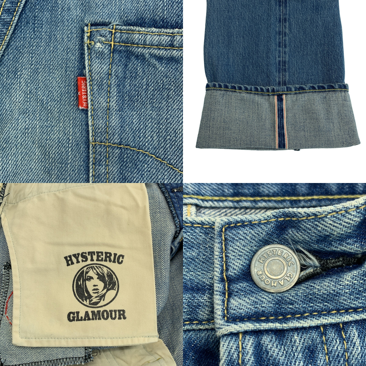 HYSTERIC GLAMOUR / ヒステリックグラマー RW CLASH加工 60'S XX / ダメージ加工 ロゴレザーパッチ スタッズ セルビッチ デニムパンツ