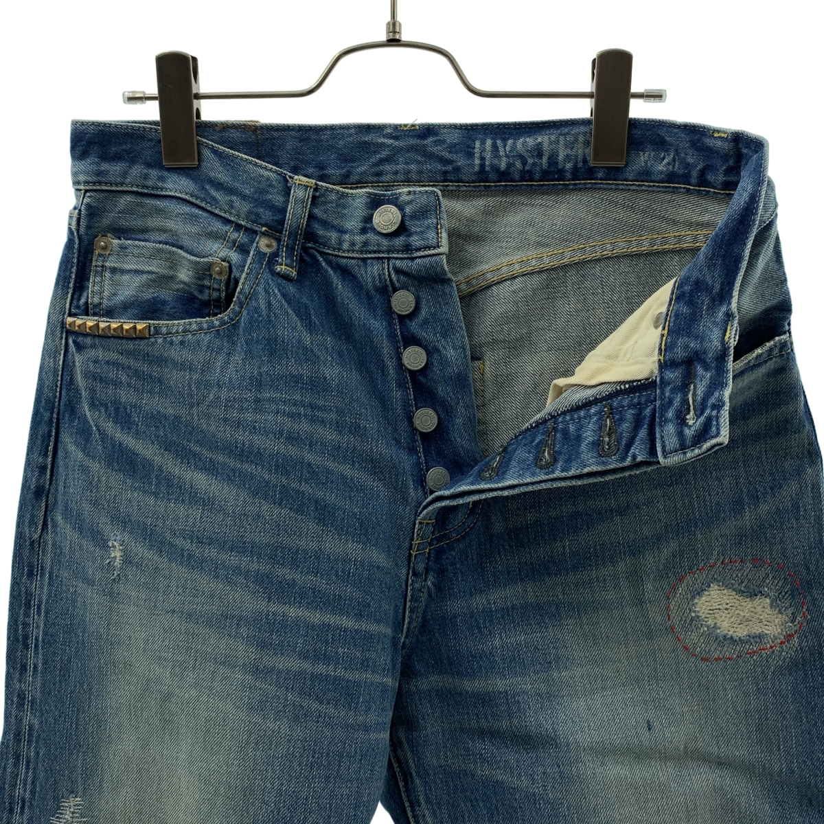 HYSTERIC GLAMOUR / ヒステリックグラマー RW CLASH加工 60'S XX / ダメージ加工 ロゴレザーパッチ スタッズ セルビッチ デニムパンツ