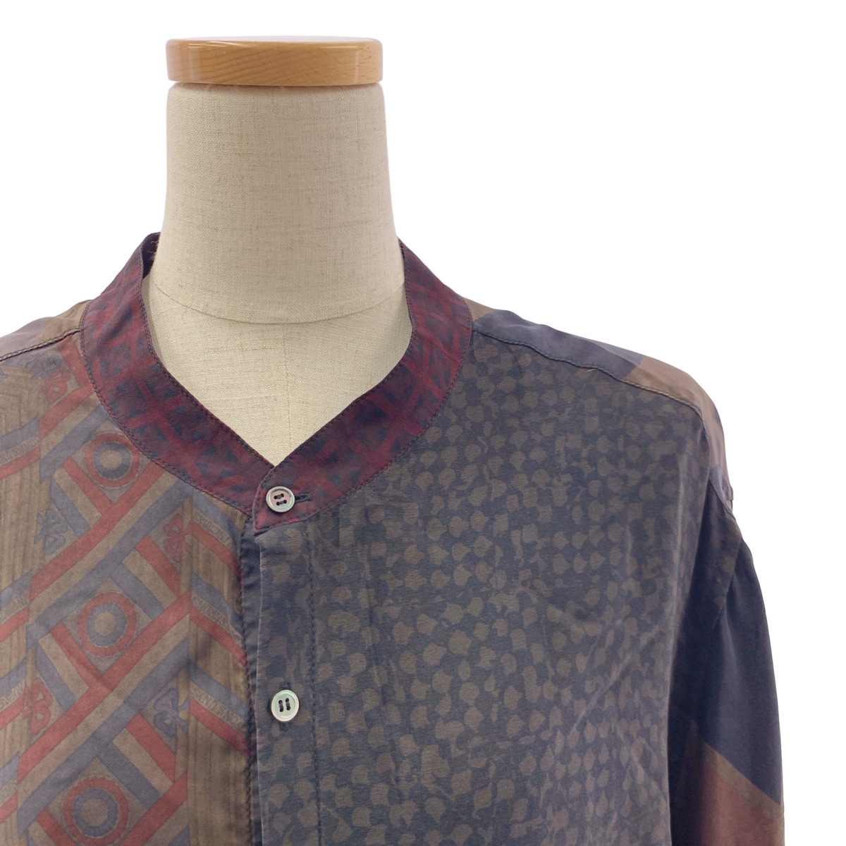 mister it. / ミスターイット Chemise-henri / silk 100% / シルク 総柄 アシンメトリー バンドカラー ロングシャツ ブラウス