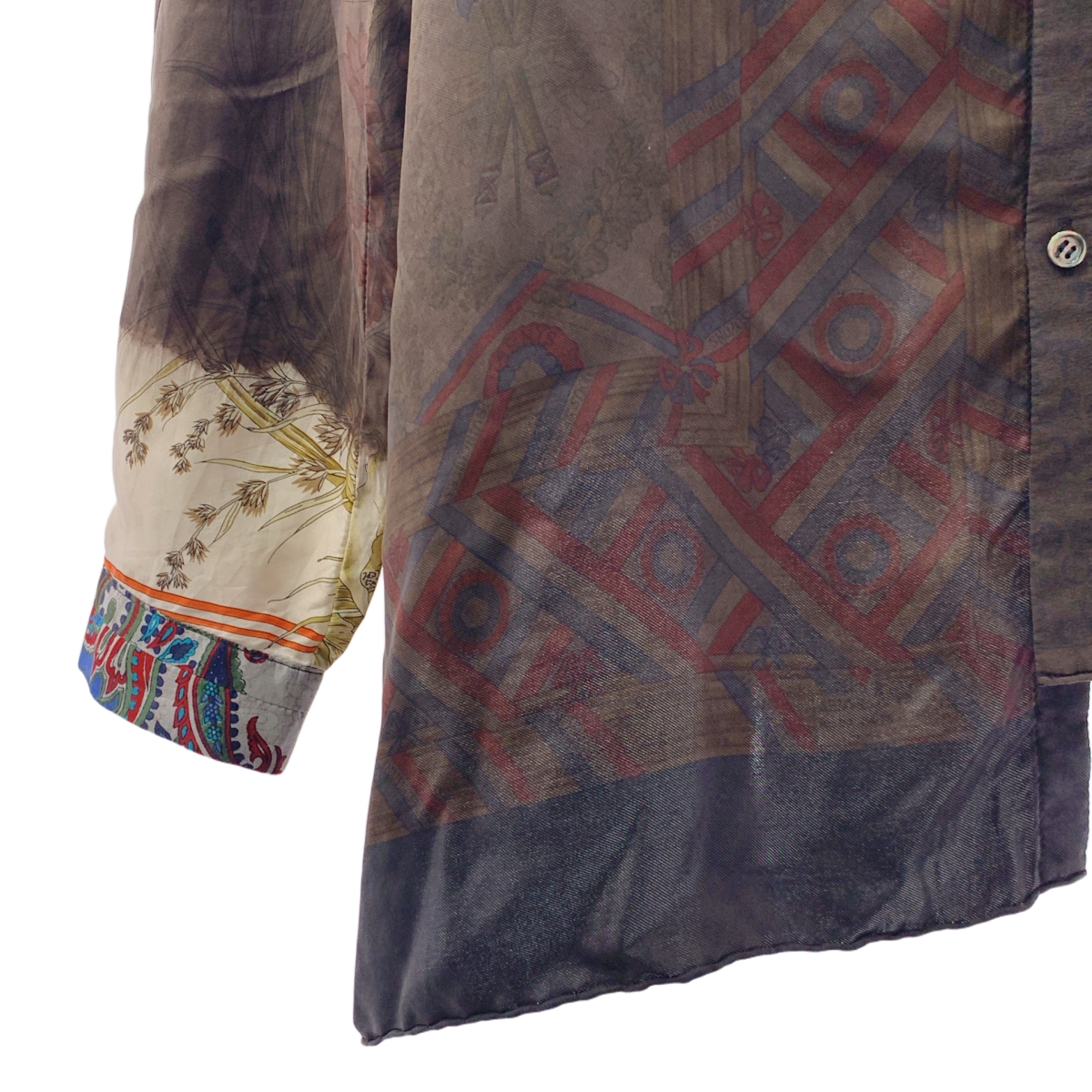 mister it. / ミスターイット Chemise-henri / silk 100% / シルク 総柄 アシンメトリー バンドカラー ロングシャツ ブラウス