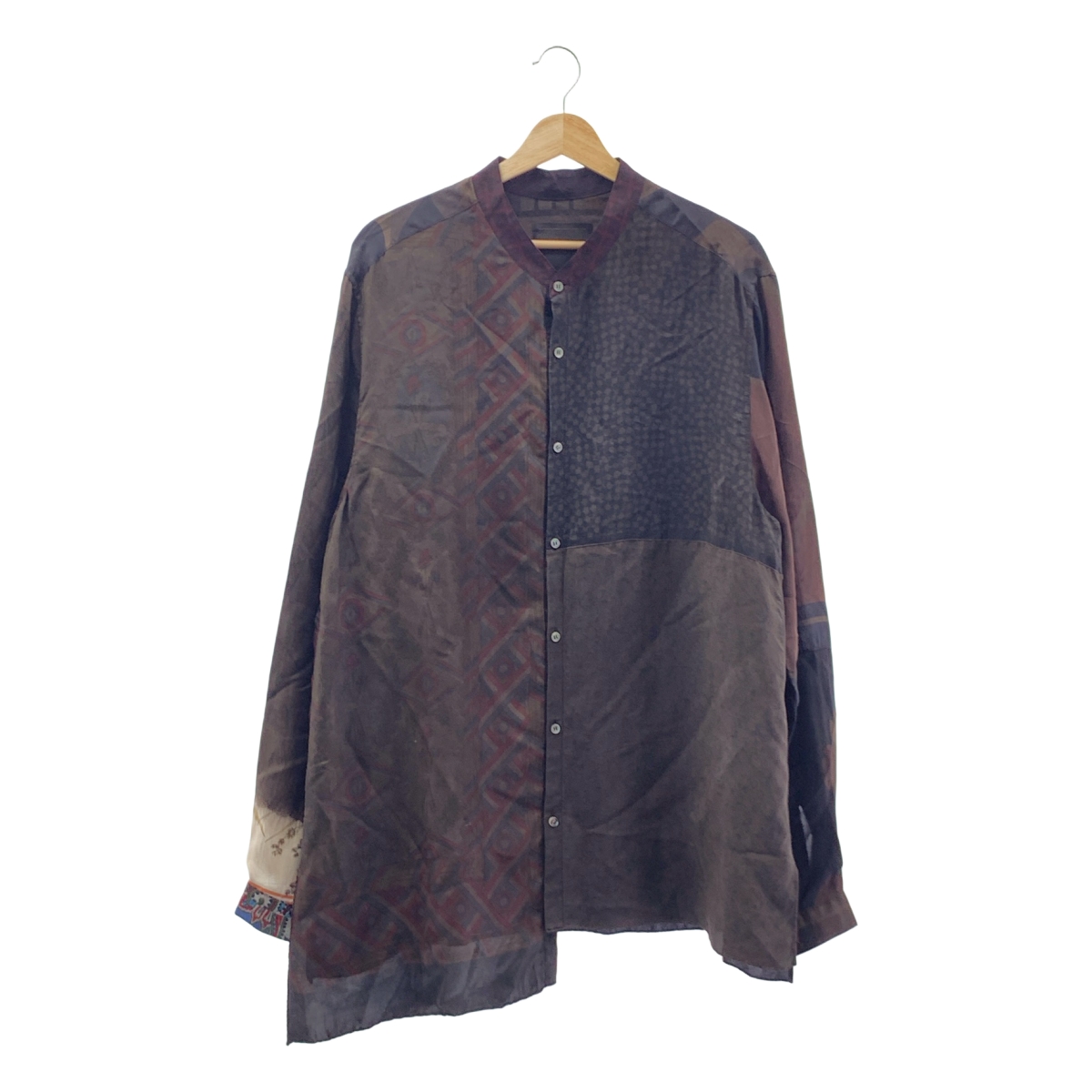 mister it. / ミスターイット Chemise-henri / silk 100% / シルク 総柄 アシンメトリー バンドカラー ロングシャツ ブラウス